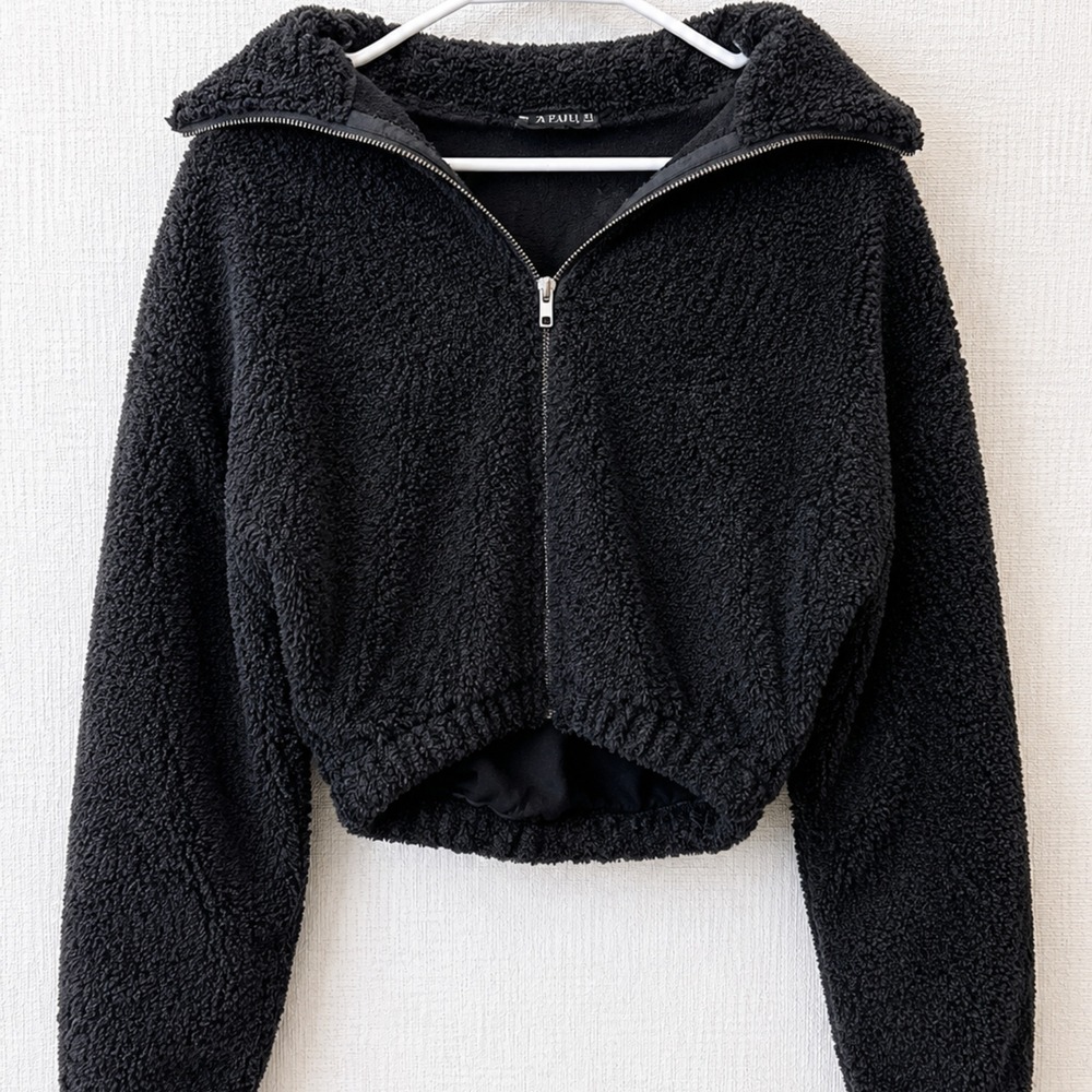 ZAFUL Cropped Fuzzy Sherpa Zip Up Jacket Black Long Sleeve Women's Size M
